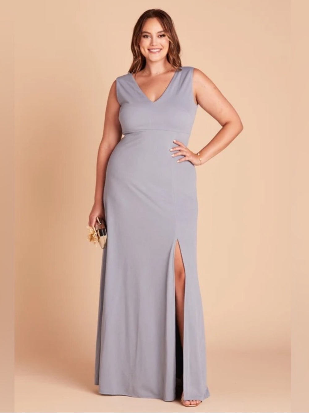 NWT Birdy Grey Dusty Blue Shamin V Neck Crepe Bridesmaid Dress Slit XXL